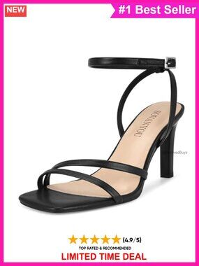 Women's Faux Leather Heeled Sandals Square Open Toe Strappy Ankle Strap Wedding